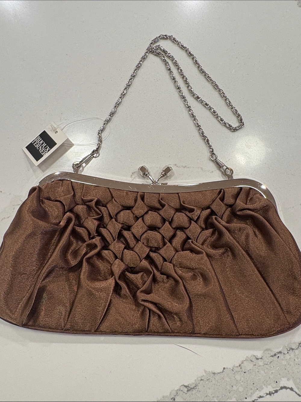 Bijoux Terner Brown Satin Pleated Clutch with Silver Chain